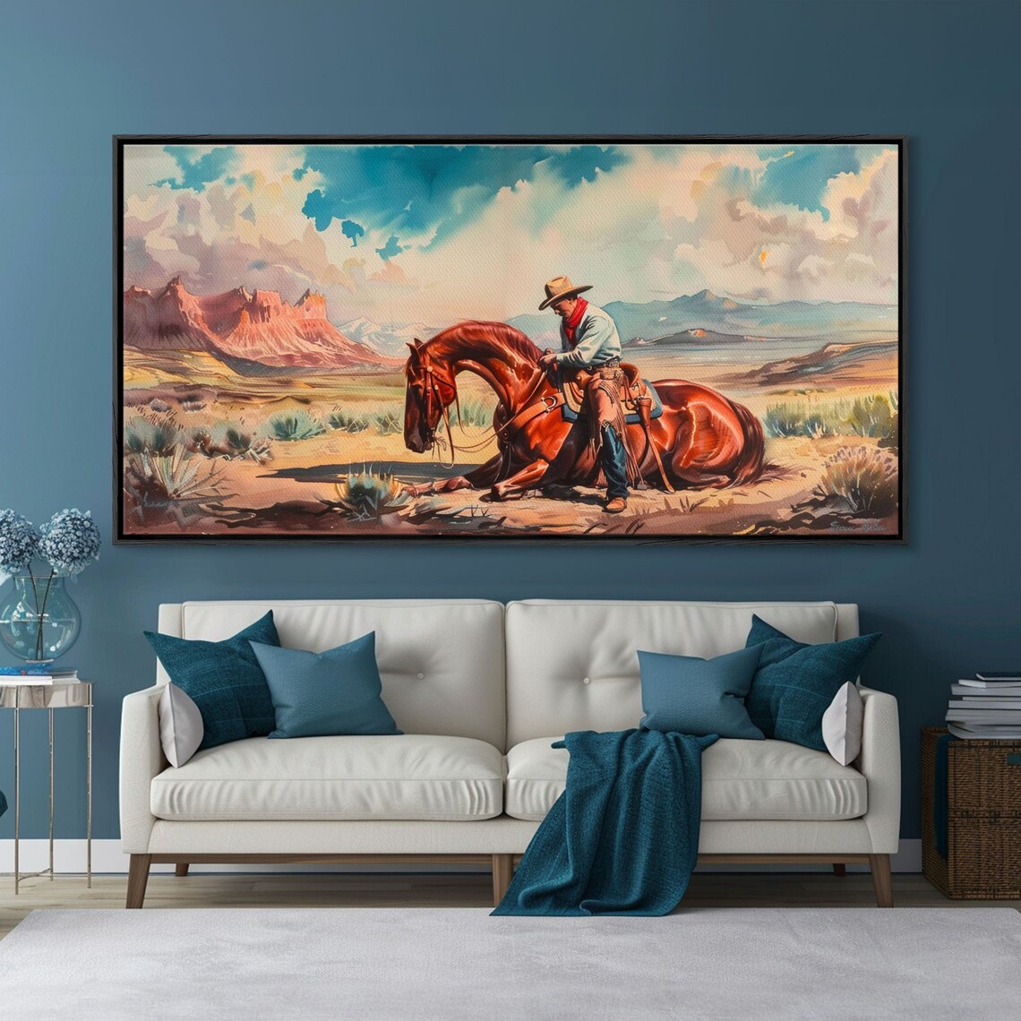 Cowboy Beside Resting Horse Desert Valley Western Painting Art Poster - Image 3