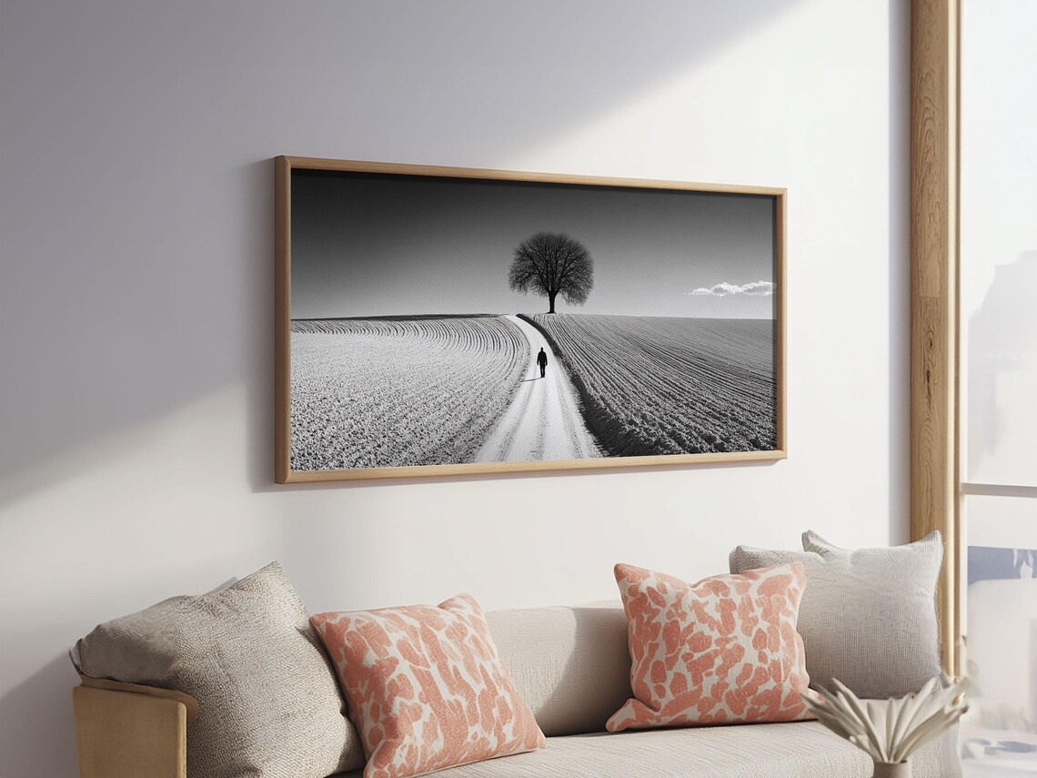 Black And White Lone Tree Country Road Field Minimalist Photo Print - Image 4