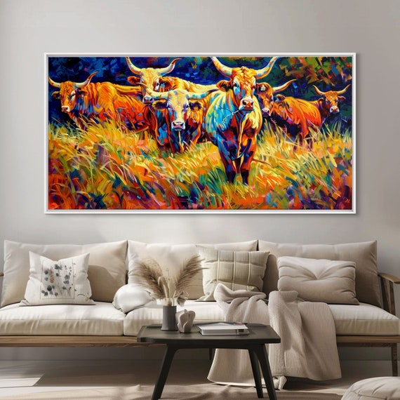 Beautiful Herd Of Cattle In Colorful Style Living Room Art Framed Print Bedroom Decor Home Decoration Artistic Farmhouse Decor