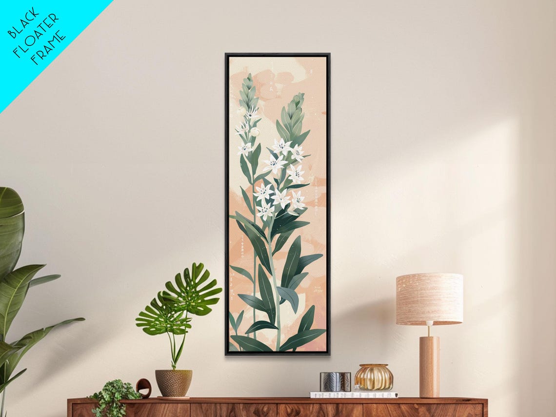 White Lily Flowers On Tall Stems Peach Background Japanese Wall Art - Image 3