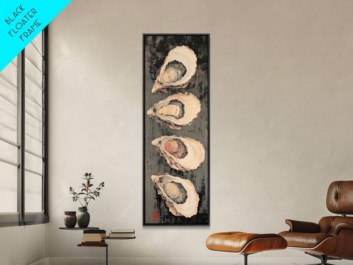 Oyster Shells Vertical Row Black Japanese Style Seafood Wall Art - Image 3