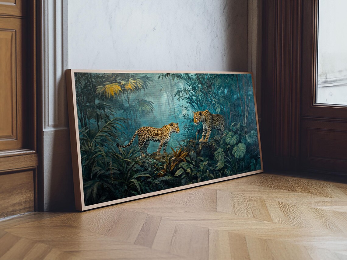 Two Leopards In Misty Teal Jungle Moody Wildlife Panoramic Wall Art Print - Image 6