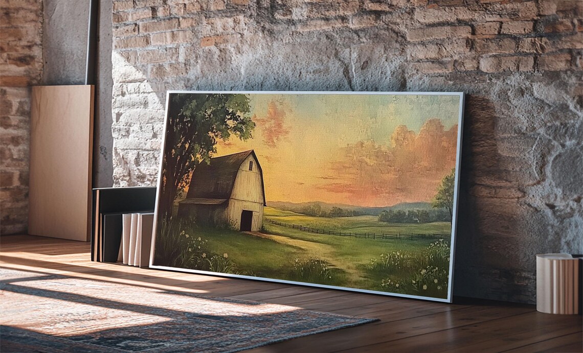 Old Barn Sunset Meadow Fence Vintage Farmhouse Landscape Art Print - Image 2
