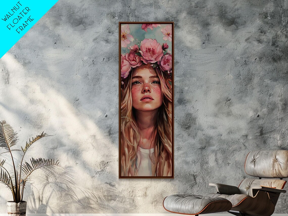 Flower Crown Girl Portrait Watercolor Blooming Pink Floral Wall Art - Image 5