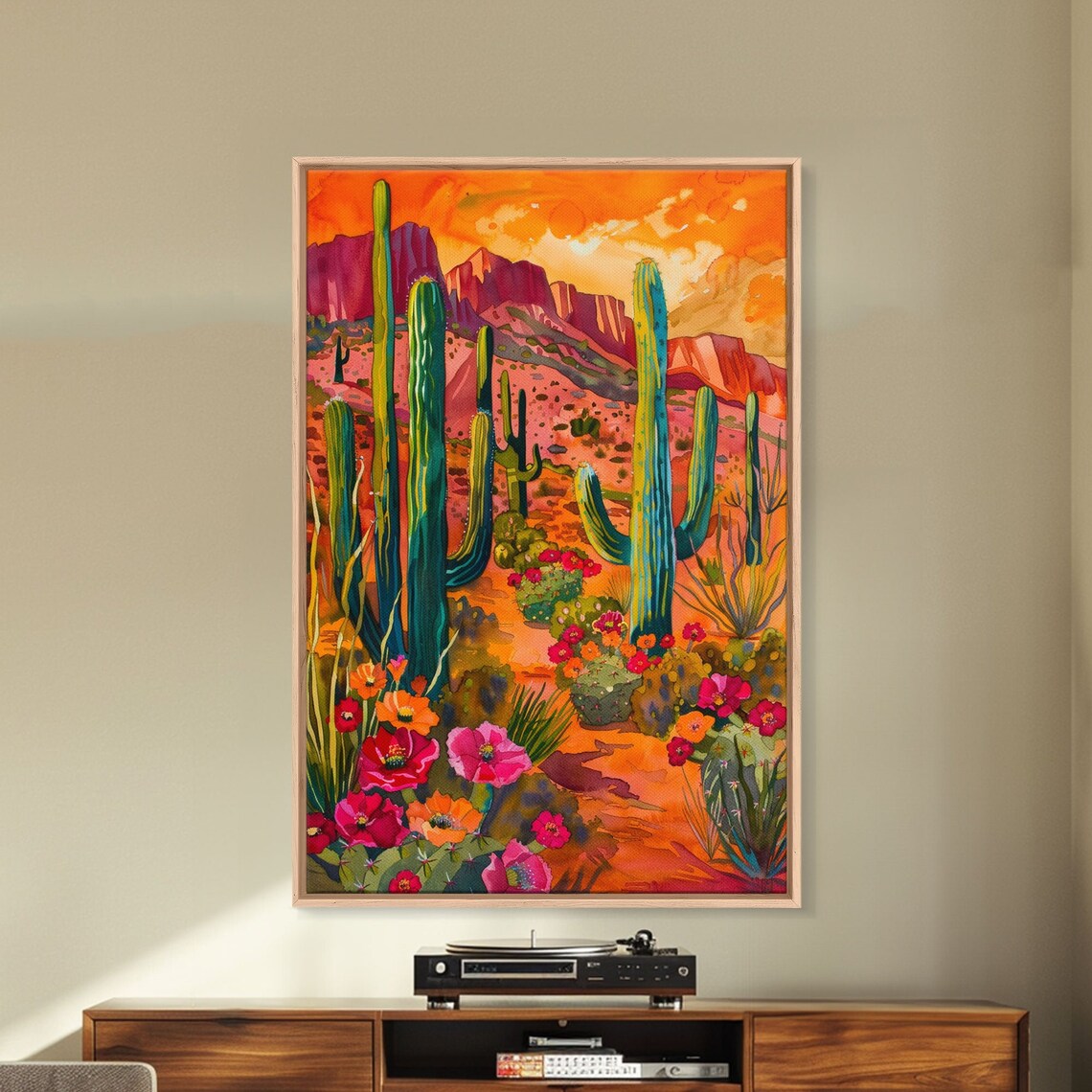 Desert Scene With Saguaro Cacti and Flowers Art Print