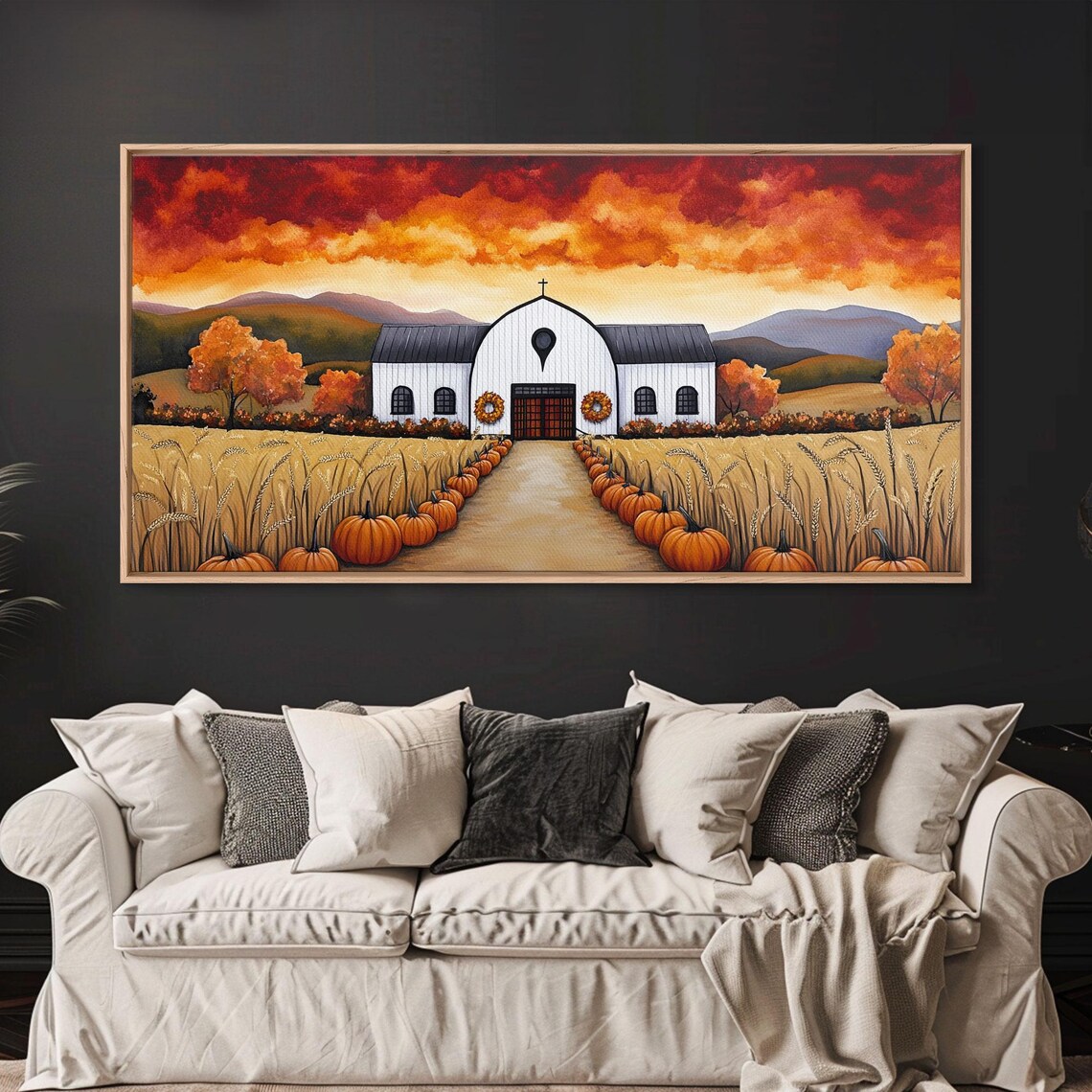 White Barn With Pumpkin Lined Path Wheat Fields Fiery Sunset Fall Wall Poster - Image 4