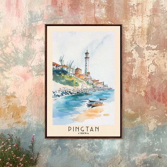 Pingtan China Coastal Village Lighthouse Tower Boats Harbor Travel Poster