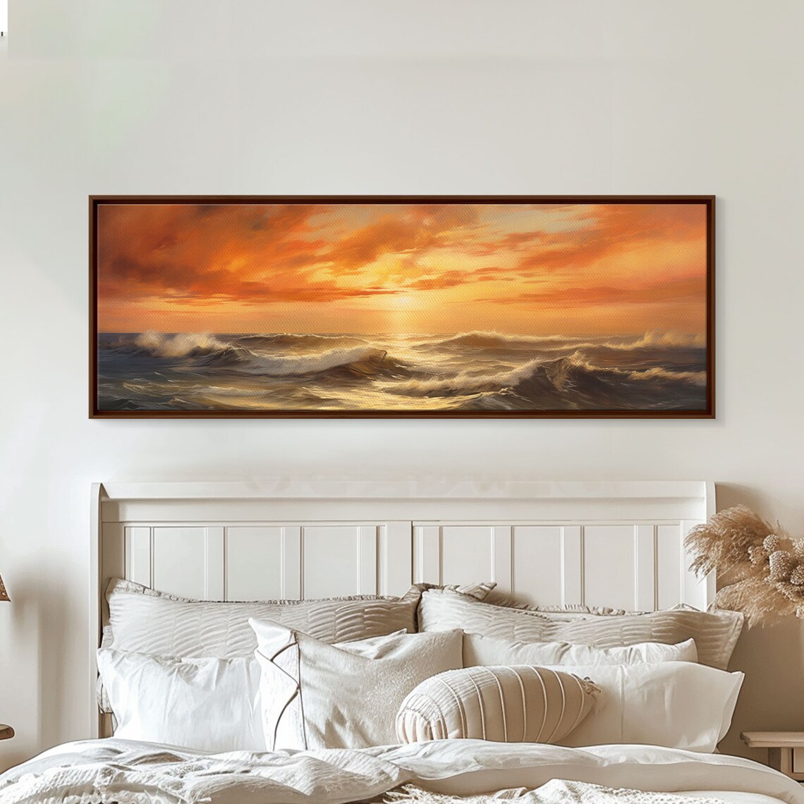 Ocean Sunset Waves Oil Painting Fiery Orange Sky Panoramic Wall Poster - Image 3
