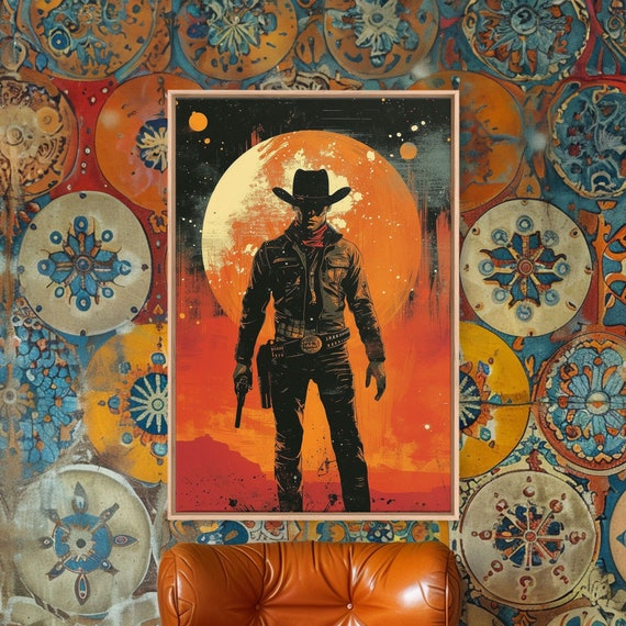 Retro Futuristic Scifi Cowboy Art Space Cowboy Art Print Art Framed And Printed On Cowboy Splatter Art Modern Western Art