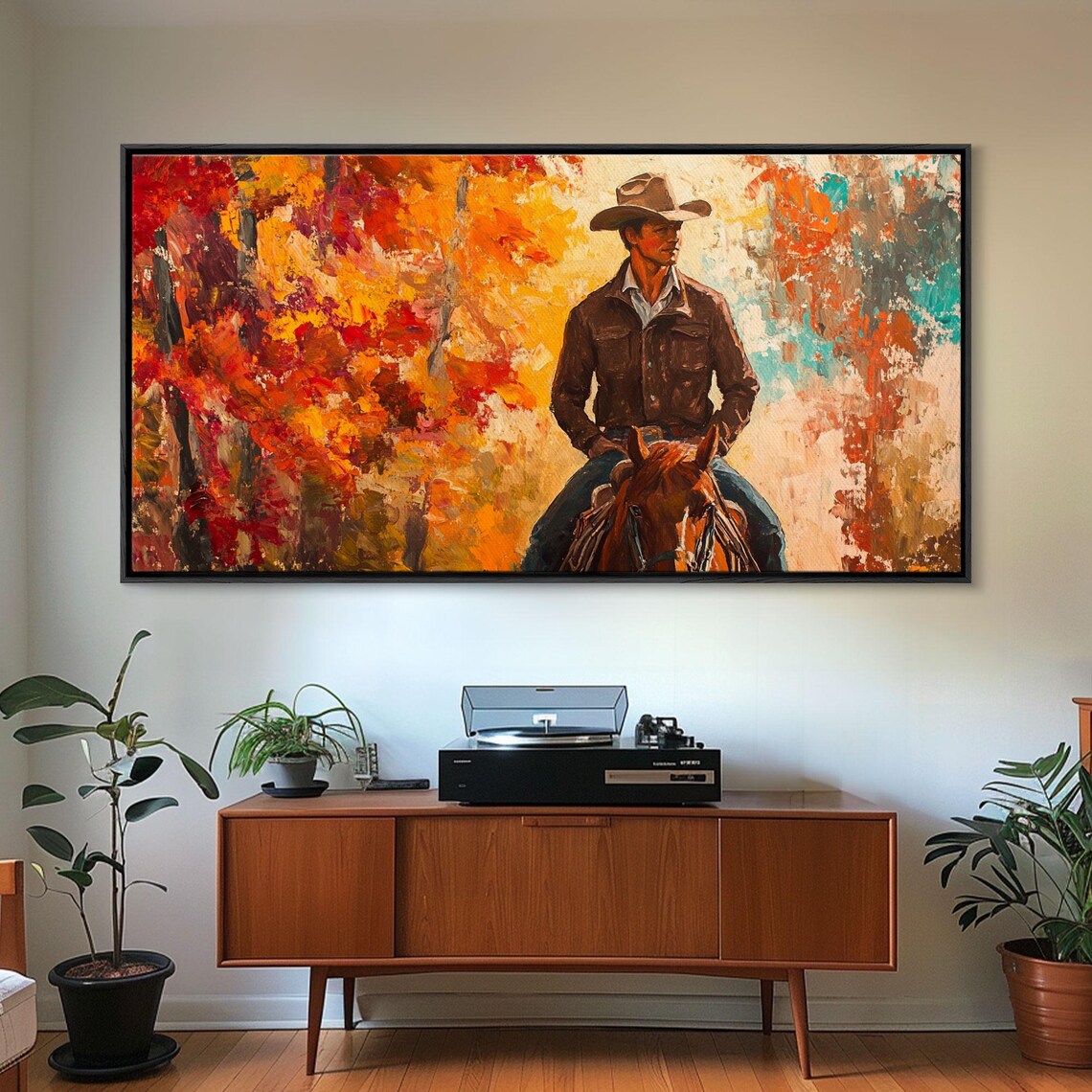 Cowboy On Horseback Against A Fiery Abstract Autumn Sky Art Print - Image 6