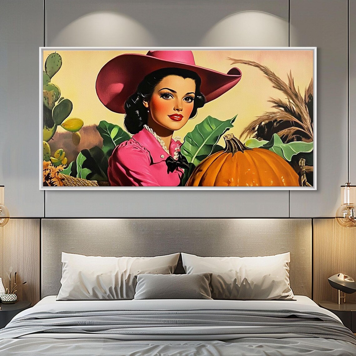 Retro Pinup Cowgirl In Pink Hat At Pumpkin Patch Autumn Harvest Poster - Image 6