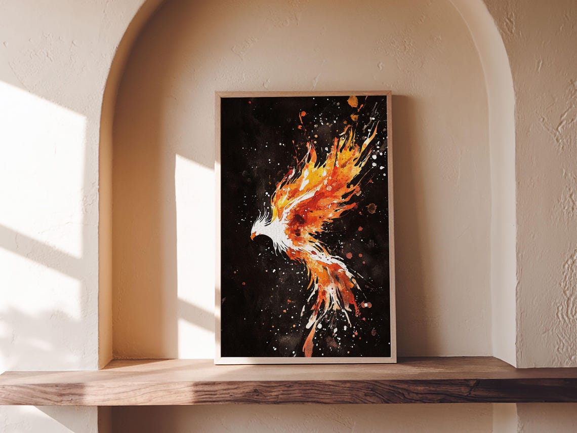 Fiery Phoenix Rising From Flames Watercolor Mythical Bird Poster - Image 5