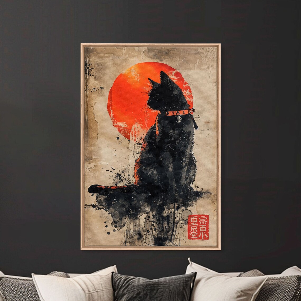 Retro Black Cat With Japanese Flag, Industrial Art Print