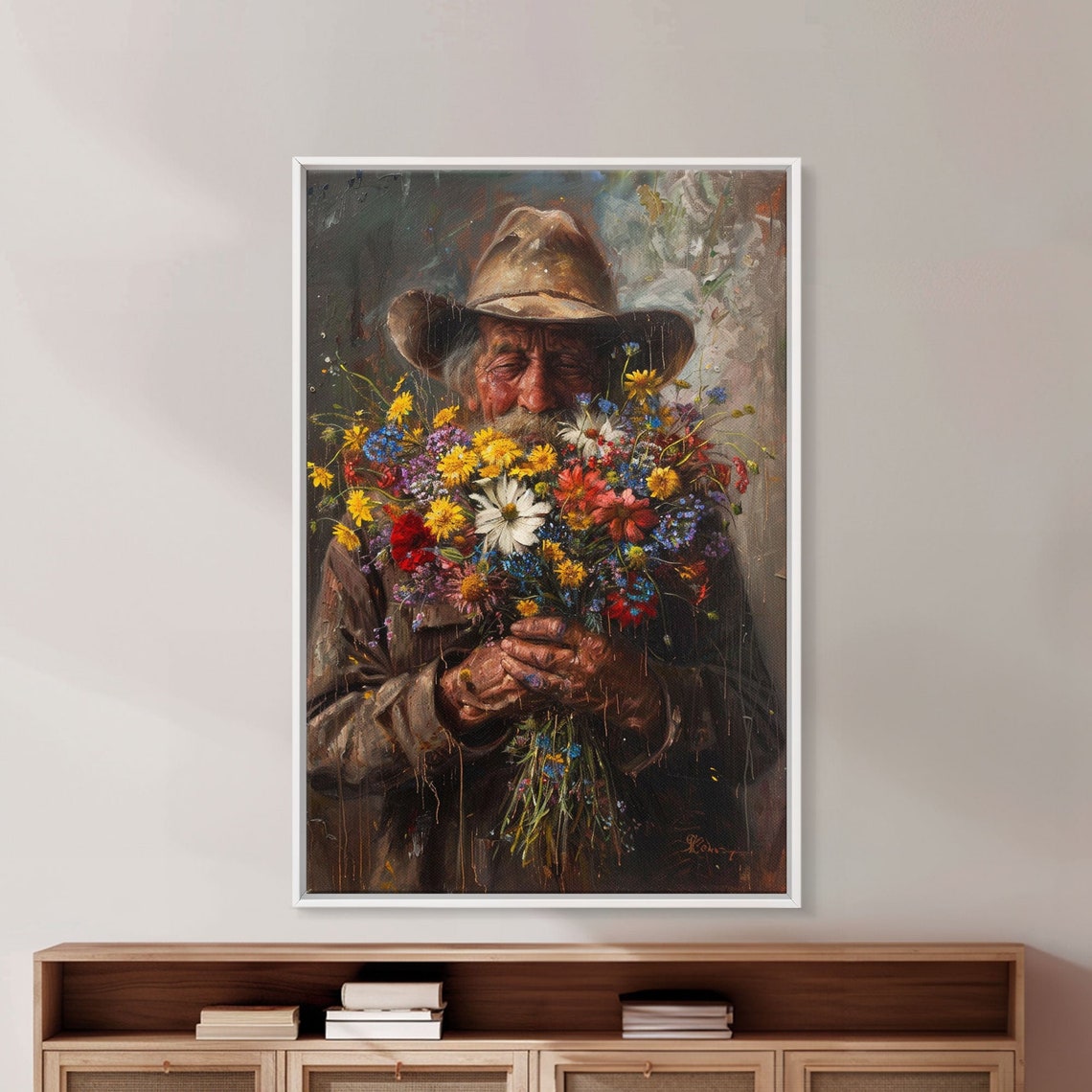 Old Cowboy Smelling Wildflower Bouquet Rustic Portrait Western Poster - Image 2