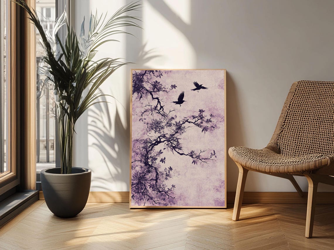 Purple Ink Tree Branches Flying Crows Wabi Sabi Minimalist Art Poster - Image 5