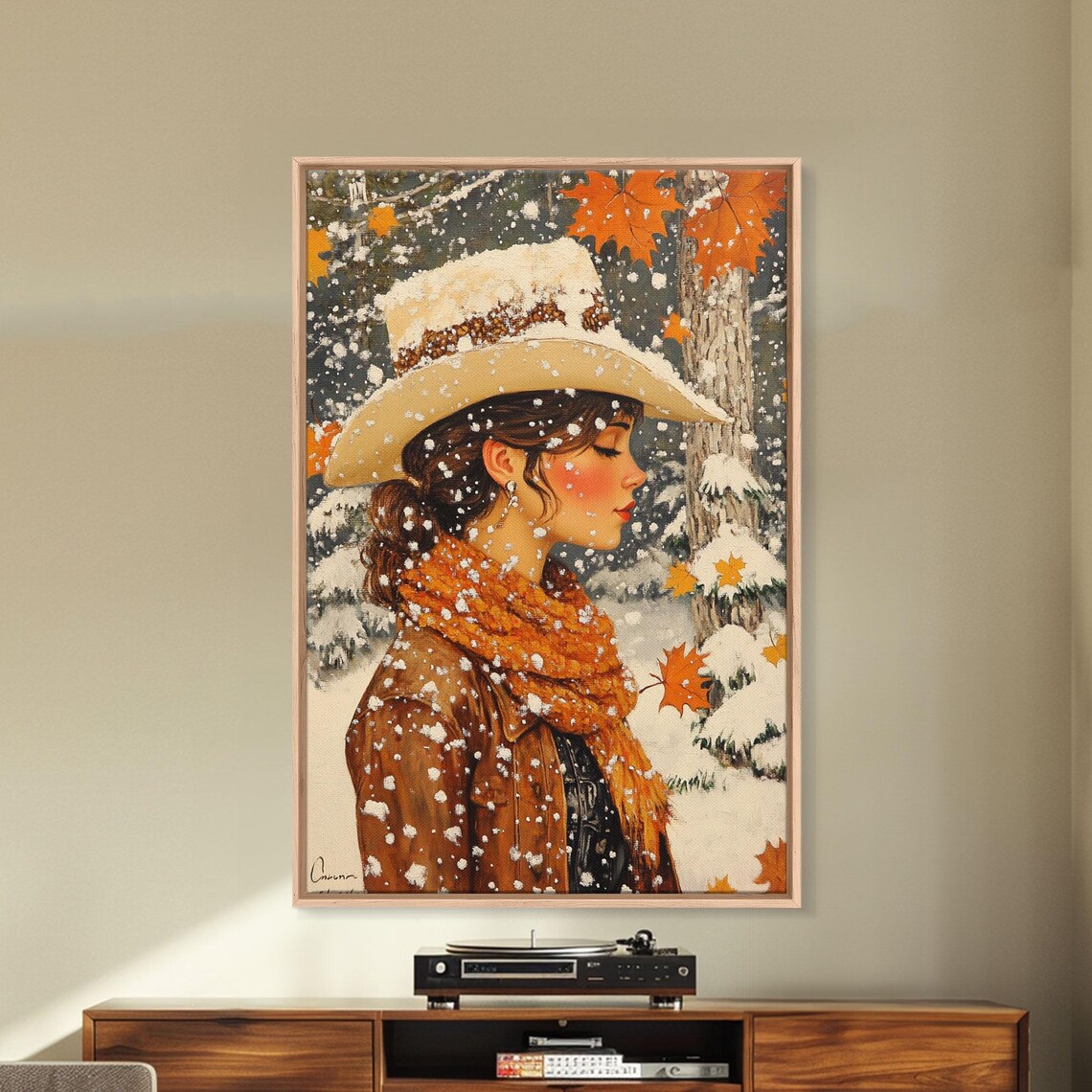 Snowy Cowgirl In Fall Scene Print Seasonal Holiday Art Rustic Christmas Decor Farmhouse Wall Art Winter Wonderland Wall Print - Image 2