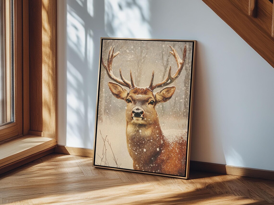 Stag Deer In Falling Snow Antlers Winter Woodland Animal Art Poster - Image 5