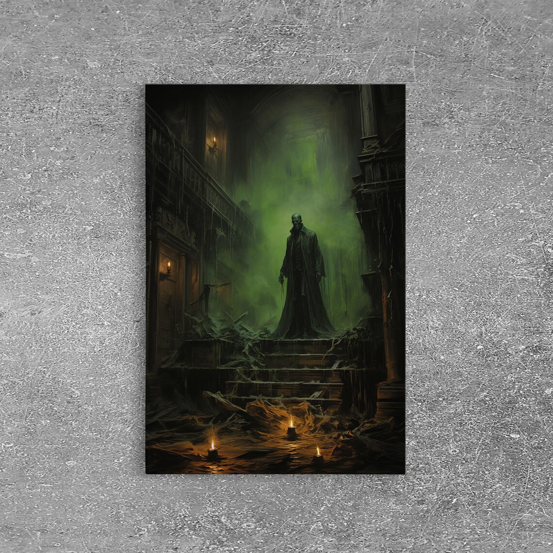Dark Fantasy Cloaked Figure In Ruined Cathedral Green Fog Horror Poster - Image 5