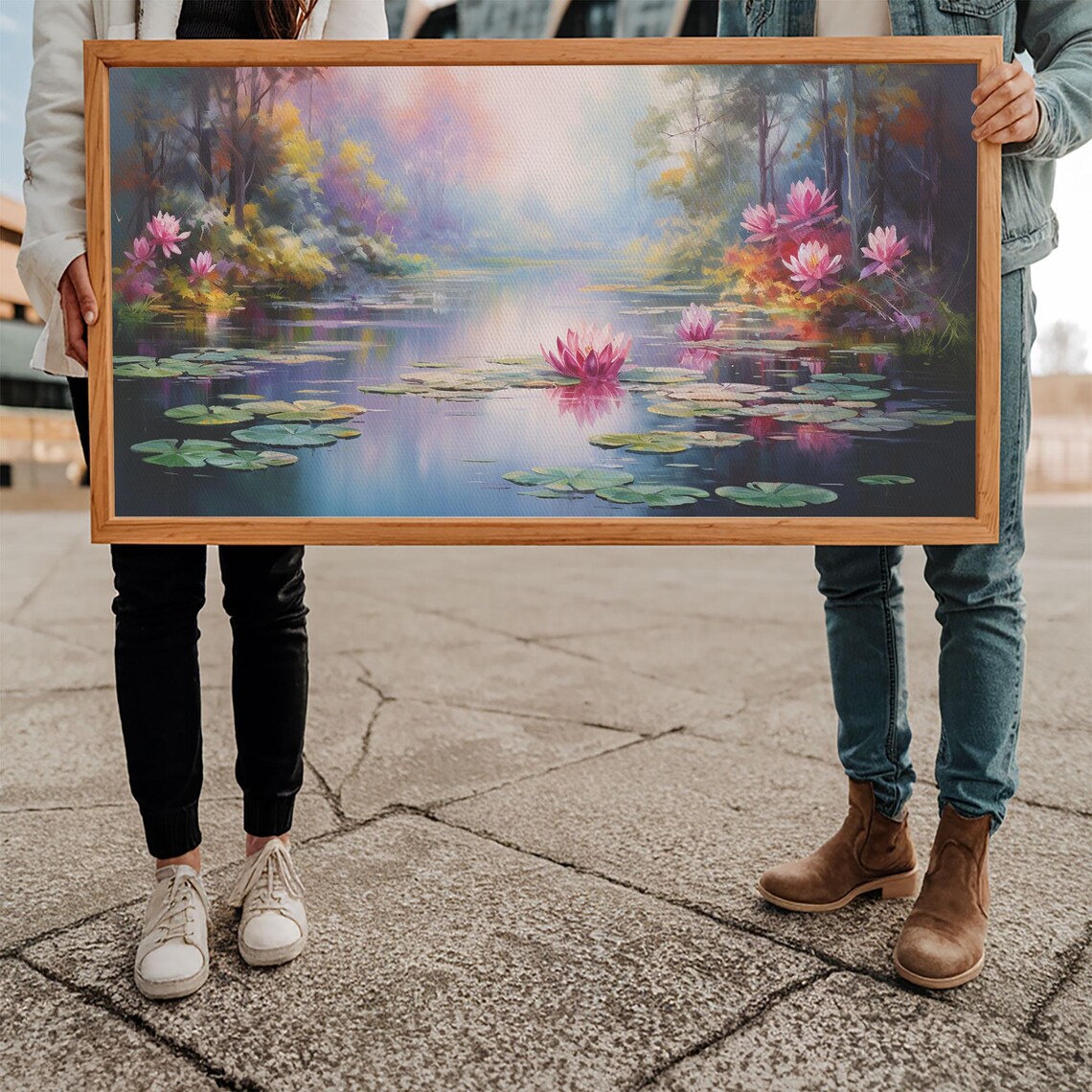 Water Lily Pond Pink Lotus Flowers Lily Pads Misty Garden Panoramic Wall Art Print - Image 5