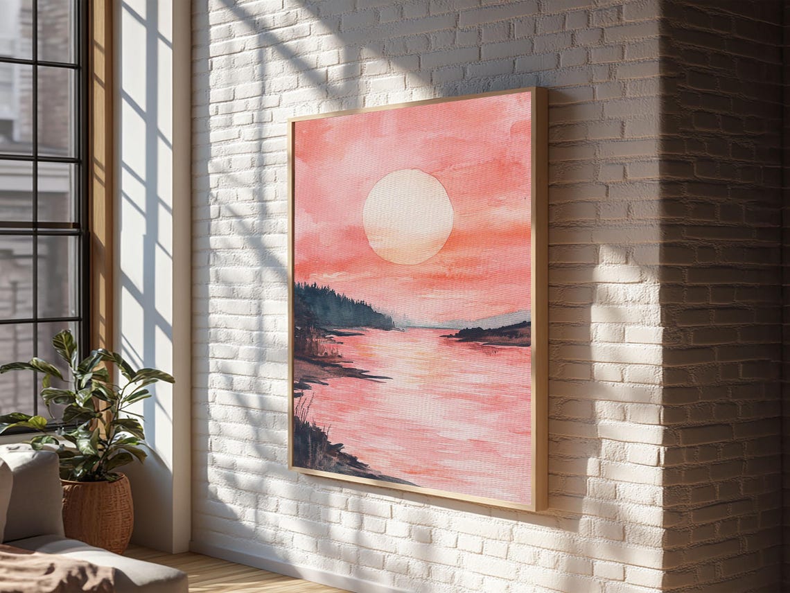 Pink Sunset Lake Watercolor Golden Sun Serene Landscape Art Poster
