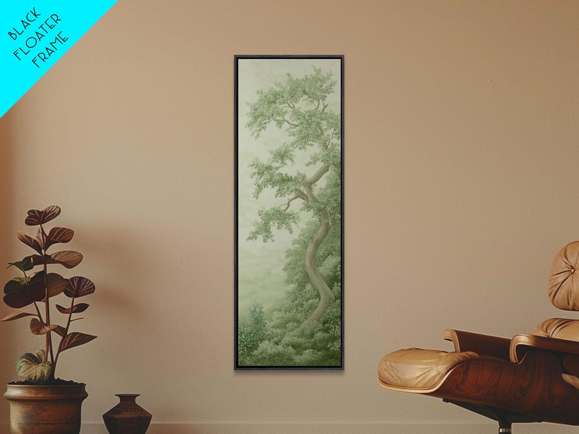 Misty Green Tree Landscape Tall Narrow Wabi Sabi Botanical Art Print - Image 3