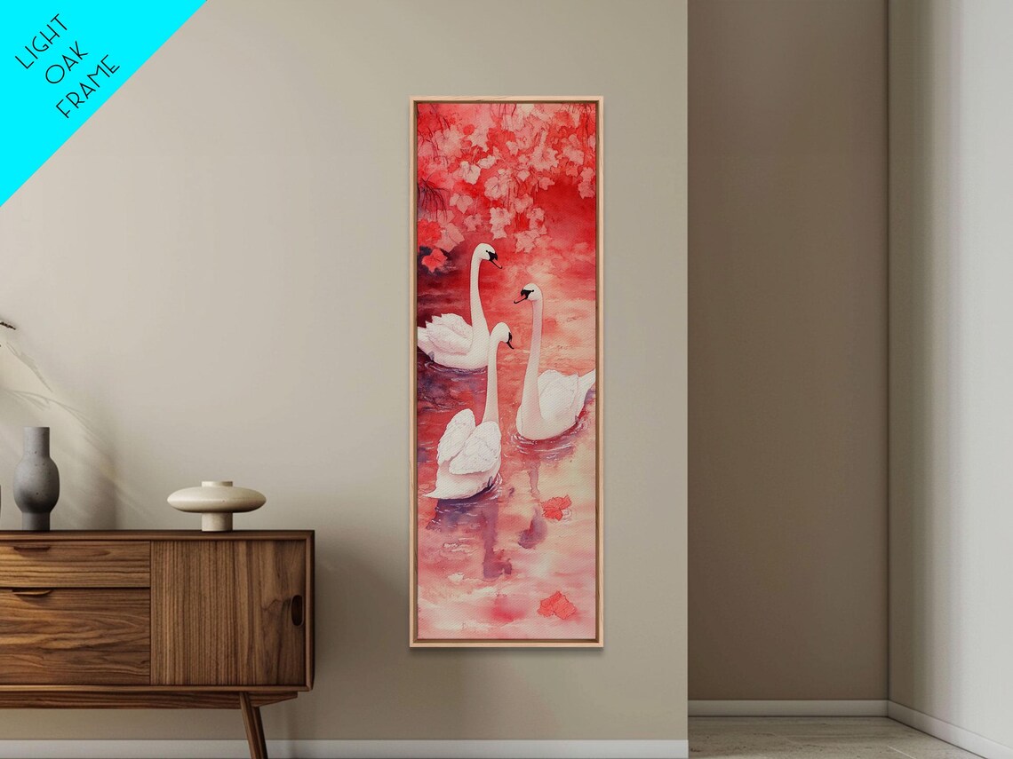 Three White Swans On Pink Water Elegant Romantic Bird Water Wall Art - Image 2