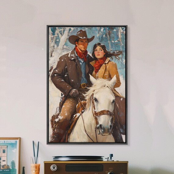Winter Cowboy Horseback Framed Print Moody Christmas Landscape Art 2024 Winter Home Decor Print