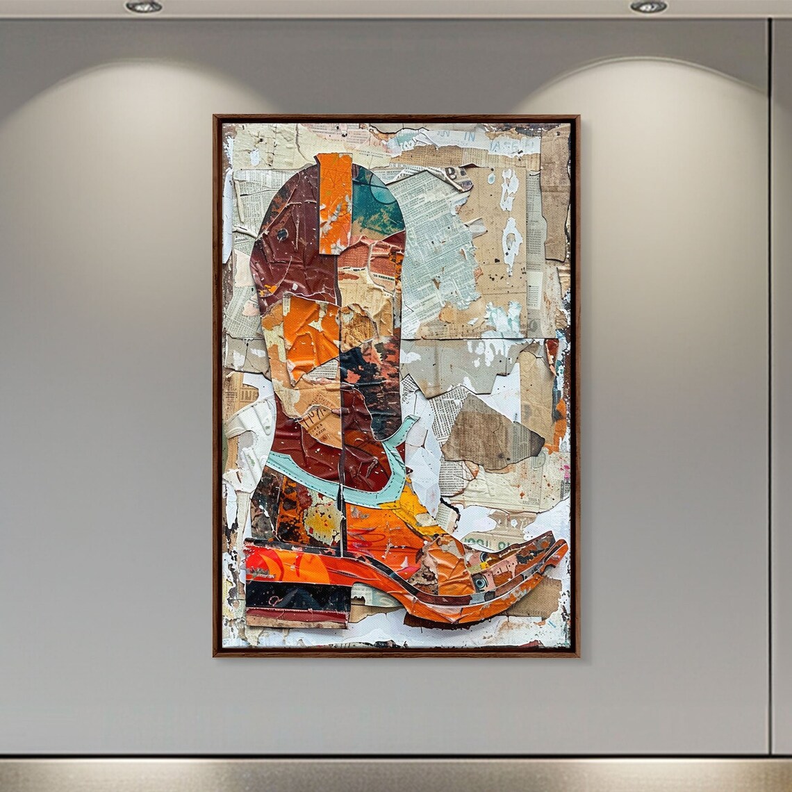Colorful Western Boot Collage Art Print, Textured Background