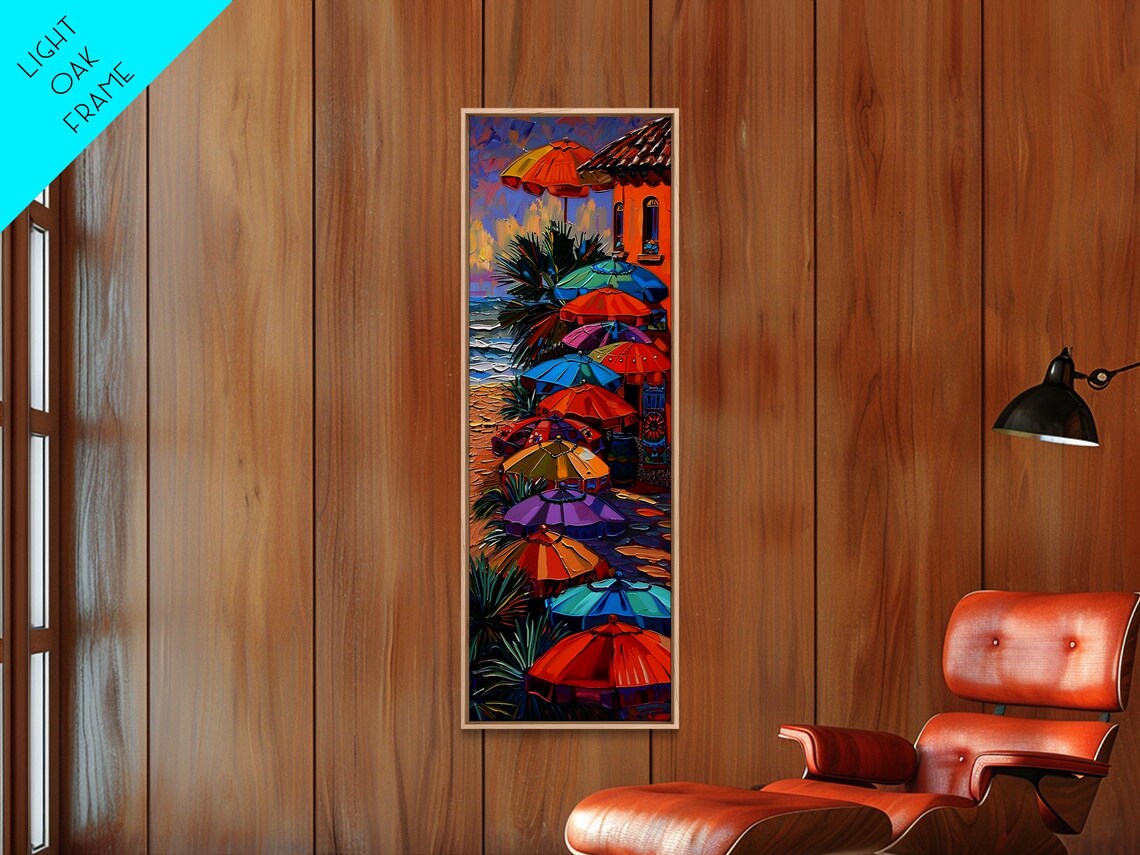 Colorful Beach Umbrellas Tropical Sand Terracotta Building Travel Poster