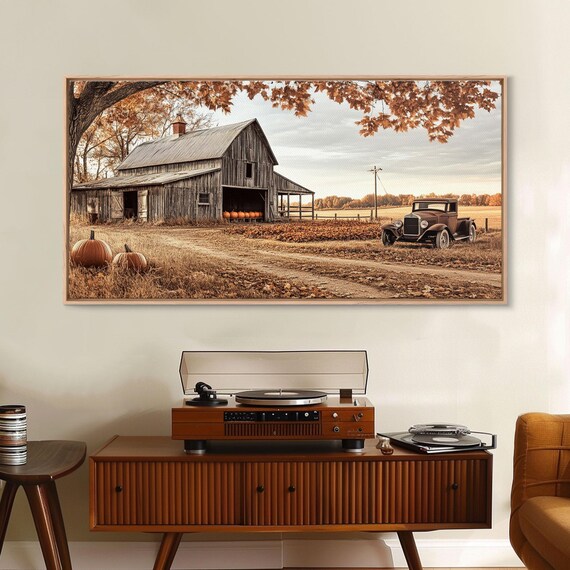 Weathered Barn Vintage Truck Pumpkins Rustic Autumn Farm Wall Art