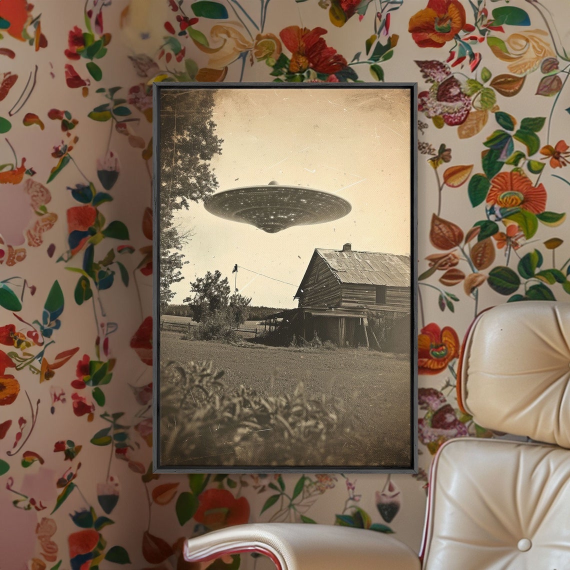 Vintage UFO Flying Saucer Hovering Old Barn Sepia Photo Wall Art - Image 2