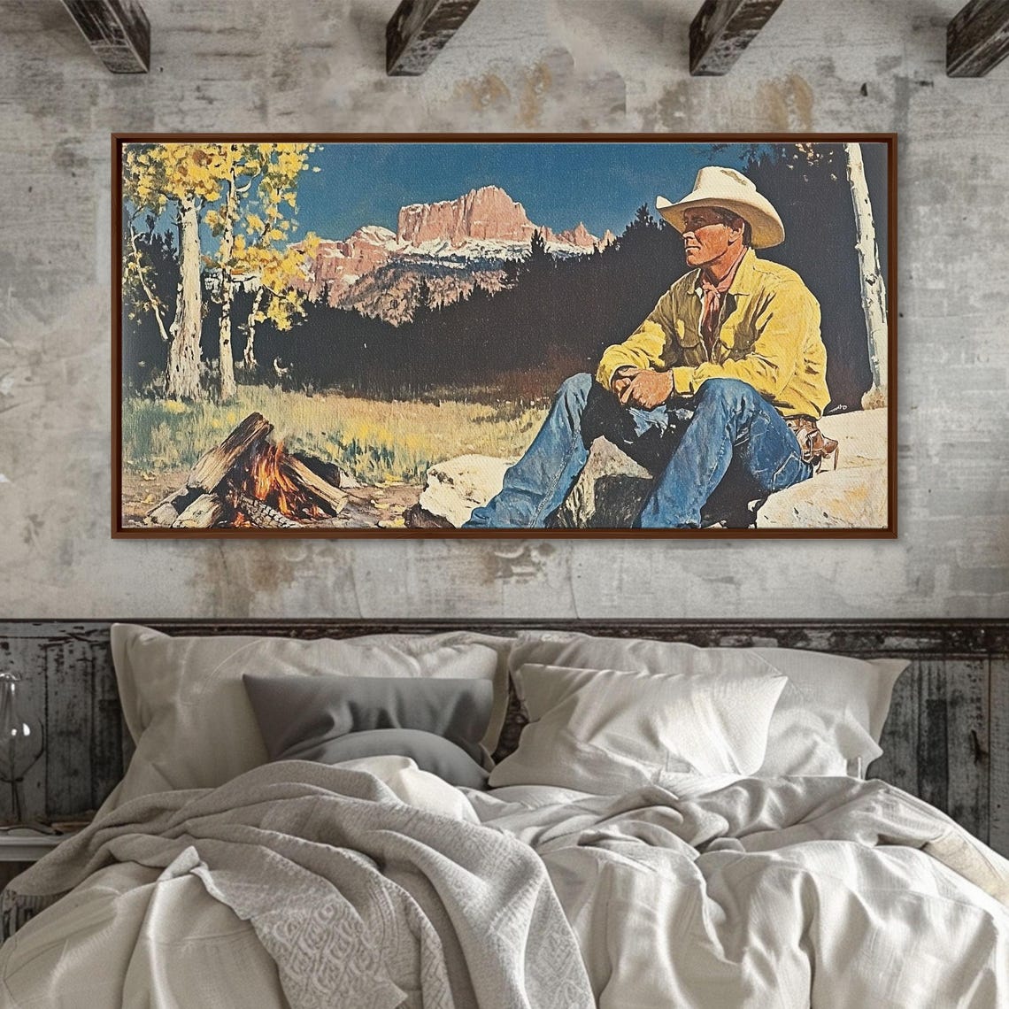 Cowboy Resting By A Campfire With A Mountain Backdrop Art Print - Image 3