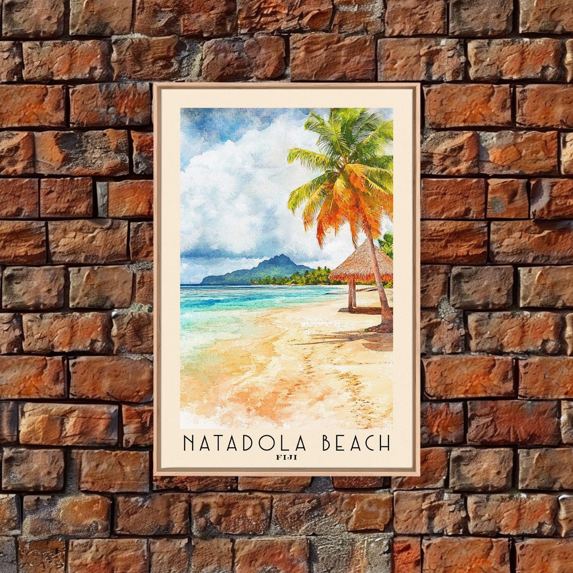Natadola Beach Fiji Palm Tree Thatched Hut Island Watercolor Poster - Image 4