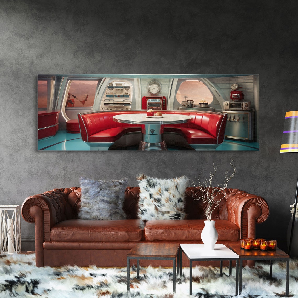 1950s Retro Diner Booth Red Vinyl Futurist Interior Wall Art Poster - Image 3