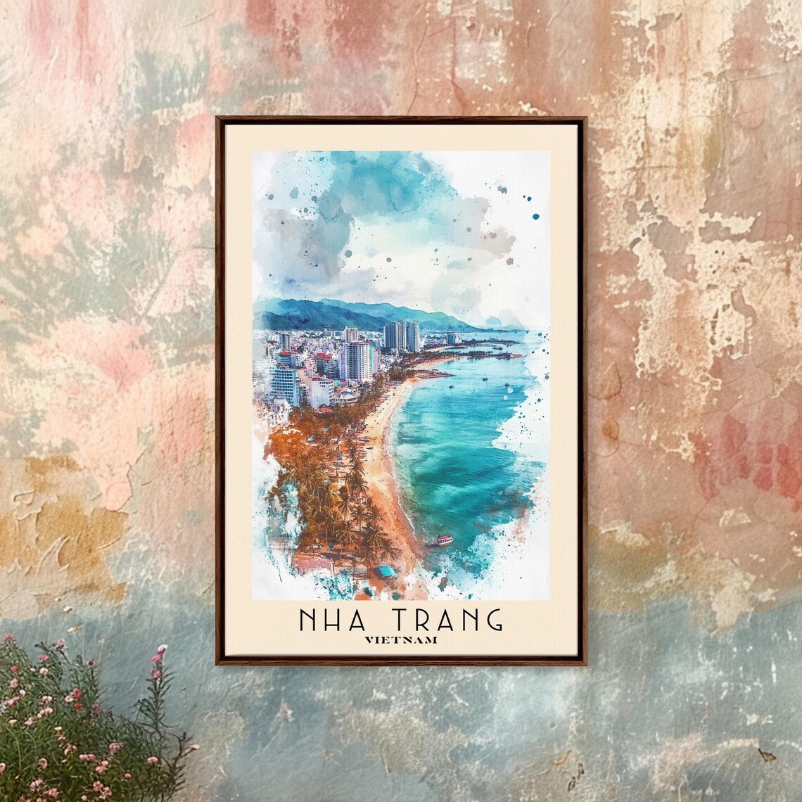 Nha Trang Vietnam Coastal City Aerial Turquoise Bay Watercolor Poster