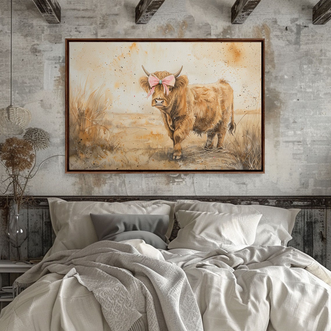 Highland Cow With Pink Bow Watercolor Field Farm Animal Wall Art - Image 4