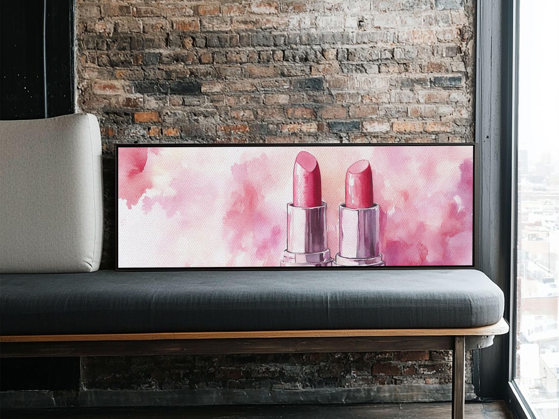 Pink Lipstick Pair Watercolor Makeup Glam Vanity Beauty Room Wall Art - Image 4
