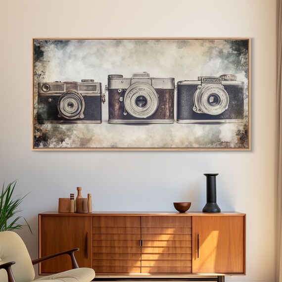 Three Vintage Film Cameras Row Watercolor Grunge Retro Photography Wall Art Poster
