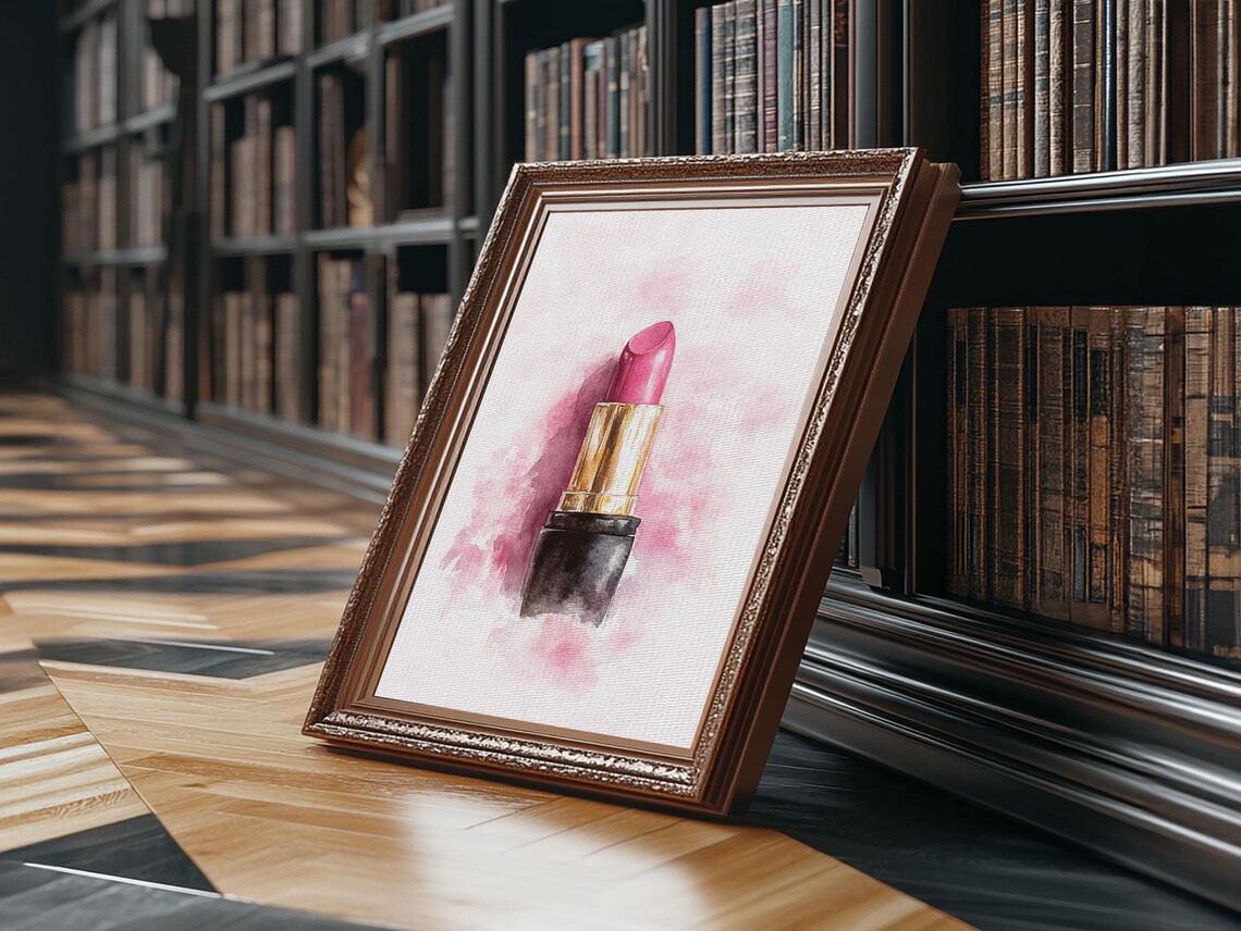 Pink Lipstick In Black And Gold Tube Watercolor Beauty Wall Art Print - Image 2