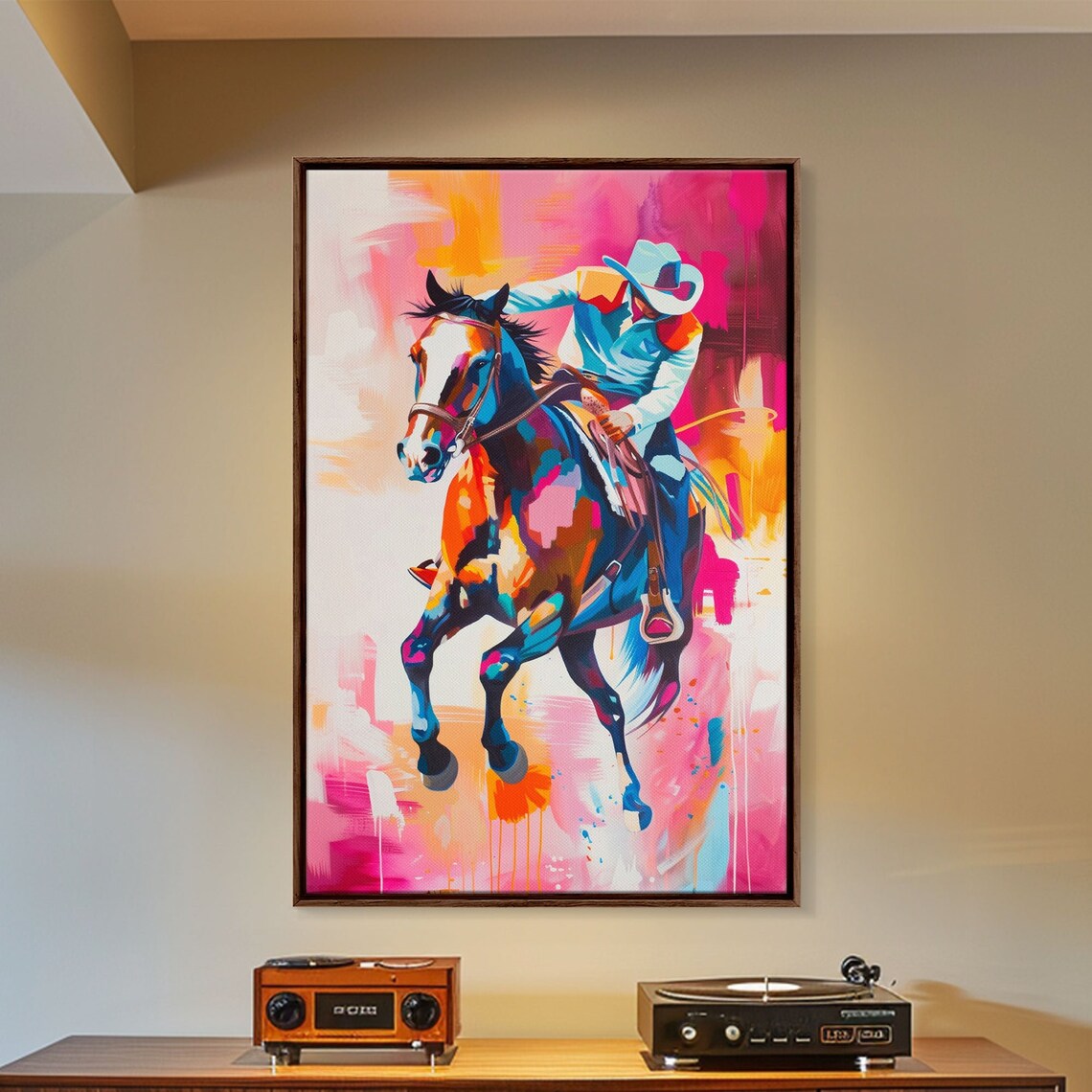 Colorful Cowboy Riding Galloping Horse Western Pop Art Rodeo Poster