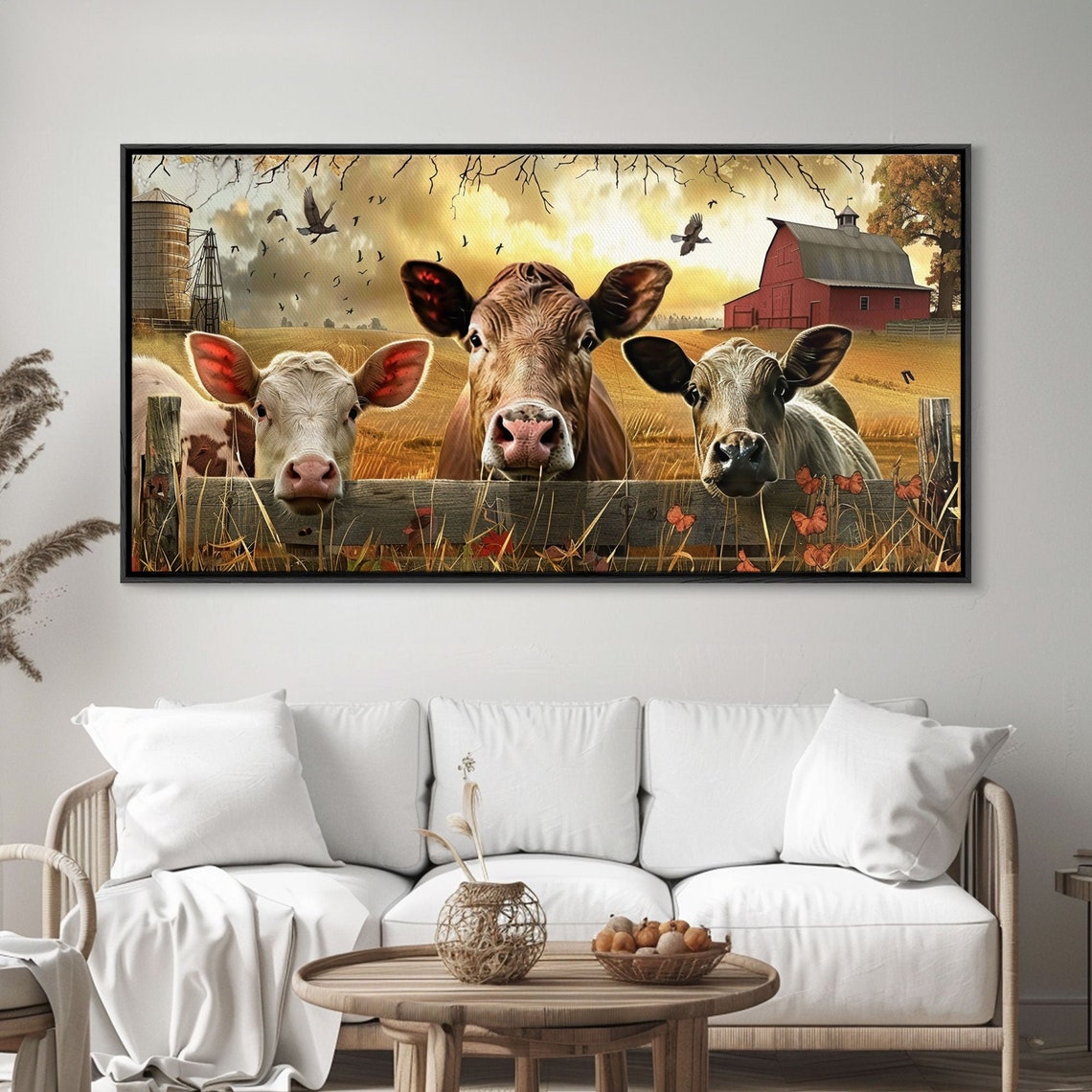Three Curious Cows Peeking Over Fence Farm Barn Sunset Art Poster - Image 3