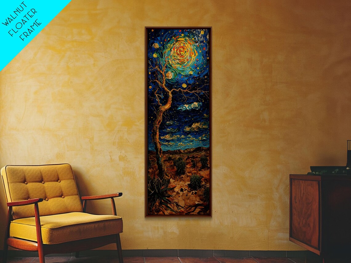 Vibrant Night Sky Desert Tree Whimsical Boho Starry Landscape Framed Print Tall Art Japanese Style Art - Image 6