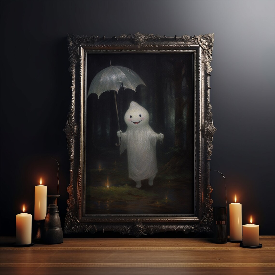 Cute Smiling Ghost With Umbrella Rainy Night Forest Halloween Goth Wall Art Poster - Image 3