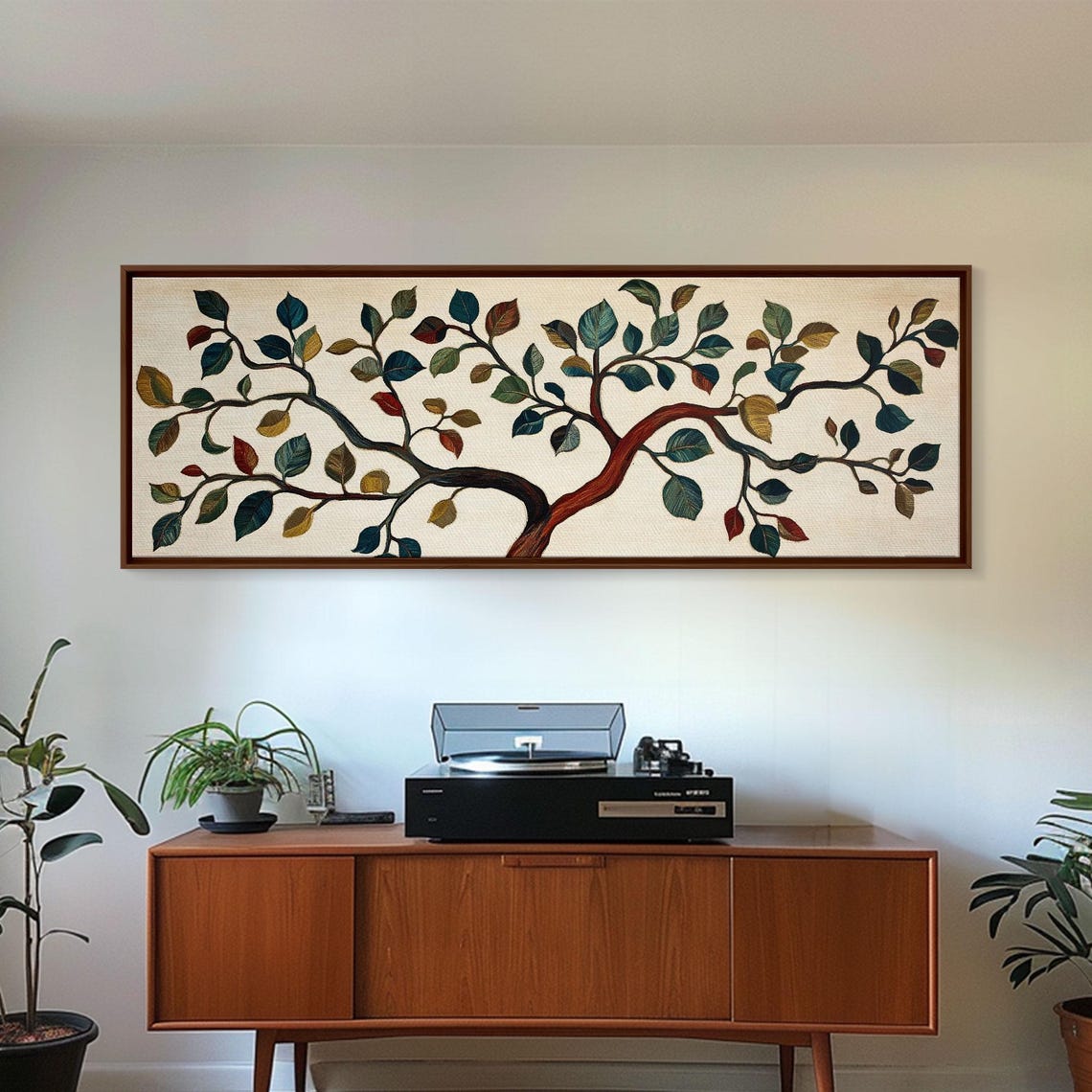 Boho Tree Branch Textile Style Colorful Leaves Panoramic Art Print