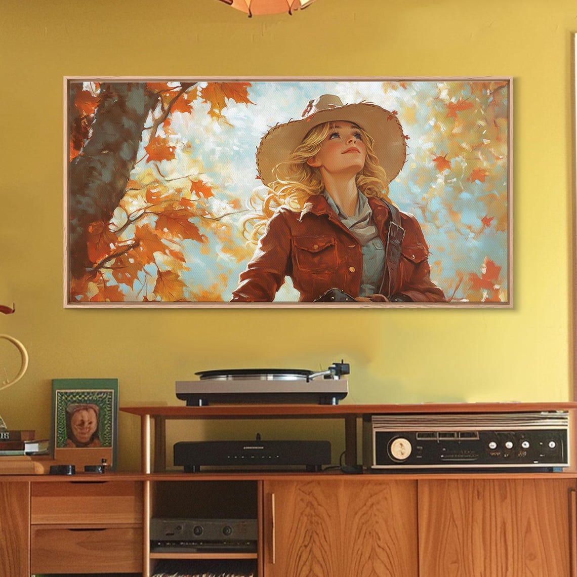 Young Cowgirl In A Straw Hat Among Falling Autumn Leaves Art Print - Image 3