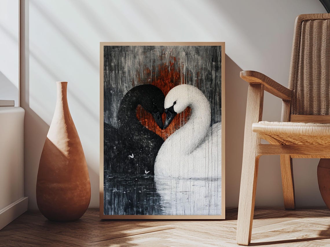 Black And White Swan Pair Heart Shape Love Romantic Couple Art Poster - Image 3