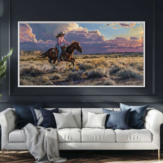 Cowgirl Galloping Across Desert Landscape Vibrant Framed Print Perfect For Living Room Art Western Bedroom Decor Desert Wall Art
