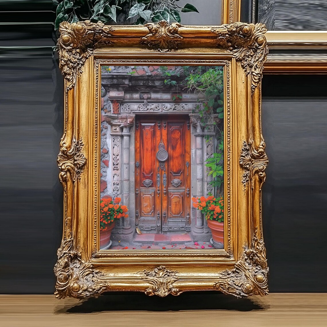 Weathered Wooden Double Door Orange Marigolds Stone Facade Art Poster - Image 5