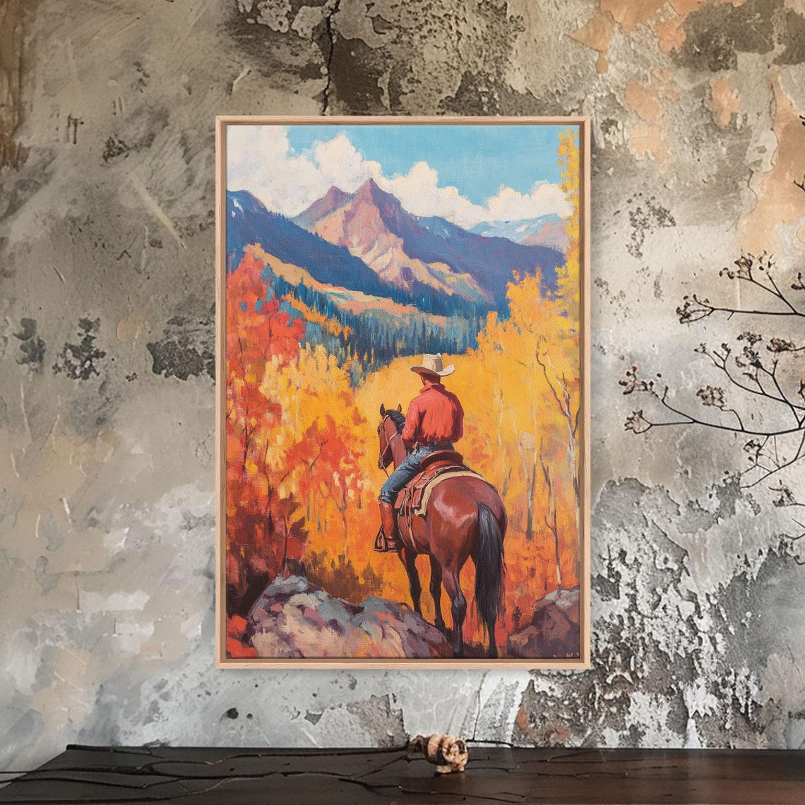 Cowboy On Horseback Overlooking Autumn Valley Golden Trees Poster - Image 3