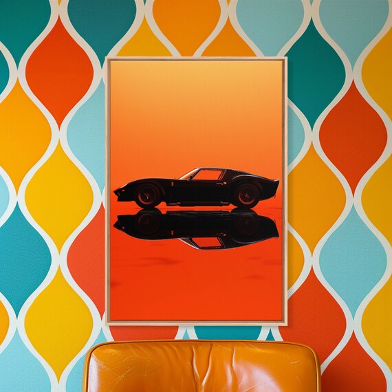 Muscle Car With Orange Backdrop Printed And Framed On Vintage Inspired Car Gift Gift For Dad Car Picture Printed And Framed